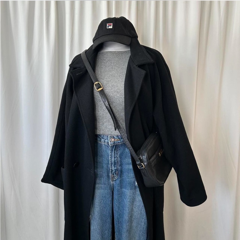 Vintage 80s Central Park double-breasted Wool black full-length overcoat size 14 - Picture 5 of 8